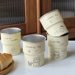 Stackable beige stainless steel mugs with cute dog graffiti for camping and outdoor picnics