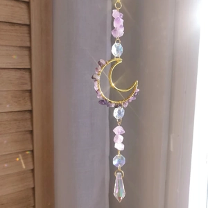 Crystal Suncatcher Moon Hanging Ornament Natural Crushed Stones Prism Rainbow Maker Decoration For Garden Window Home