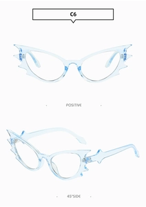 Detailed views showing light blue bat-shaped cat eye sunglasses from front and side angles
