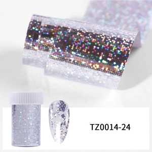Macro shot of silver holographic nail transfer foil with vibrant laser aurora effect