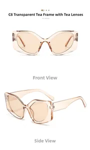 Front and side view of trendy translucent tea brown oversized cat-eye sunglasses