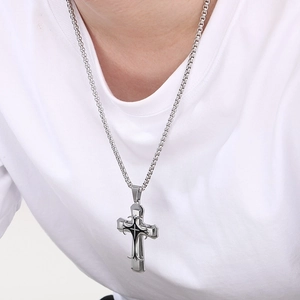 Men's silver stainless steel triple layer cross pendant necklace with heavy curb chain