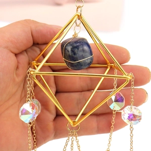 Golden geometric crystal suncatcher with blue raw stone and faceted prisms for garden decor