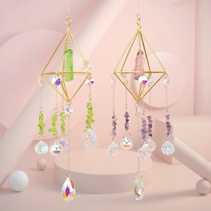 Crystal Suncatcher Hanging Ornament Natural Stone Geometric Metal Prism Rainbow Maker Garden Window Decor