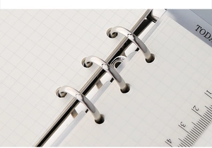 Detailed close-up of 6-hole metal rings with grid paper and clear bookmark ruler