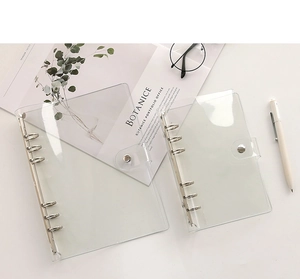 Detail of transparent PVC 6-ring binder cover in A5 and A6 sizes with silver metal rings