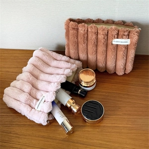 Soft striped plush cosmetic bags in brown and pink, large capacity makeup organizers