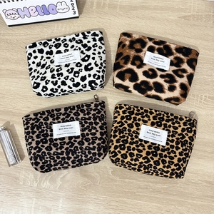 Retro Corduroy Makeup Bag Portable Cosmetic Pouch Leopard Print Flower Jacquard Small Zipper Organizer Travel Storage