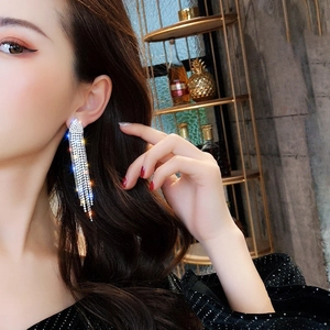Close-up of elegant silver tassel earrings with sparkling rhinestones on a female model