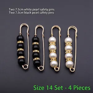 Lot de 4 épingles de 7,5cm avec perles noires et blanches et strass scintillants