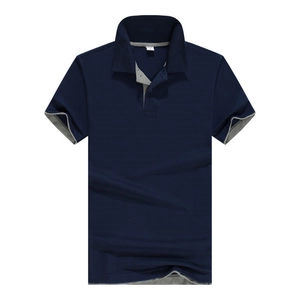 Close-up of navy blue polo shirt with grey contrast trim on collar and sleeves