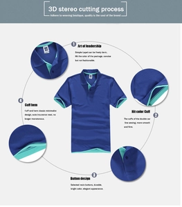 Detail view of navy blue cotton polo shirt featuring contrast green stitching and 3D stereo cut