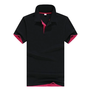 Detail of black men's Polo shirt featuring contrasting rose red piping on the collar and sleeves