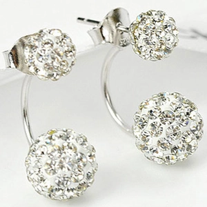 Silver plated Shamballa crystal stud earrings with double sparkling rhinestone balls