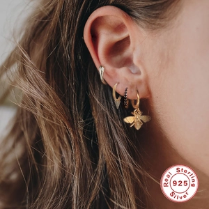 S925 sterling silver honey bee hoop earrings and snake ear cuff set in gold finish