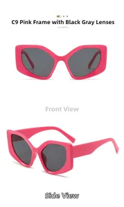 Detail view of bold pink chunky cat-eye sunglasses with dark grey lenses from two angles