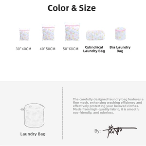 Detailed view of 5-piece cartoon laundry bag set with mesh textures and zipper protection