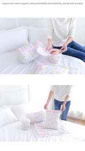 Detailed view of mesh laundry bags with reinforced frames and cute polka dot prints