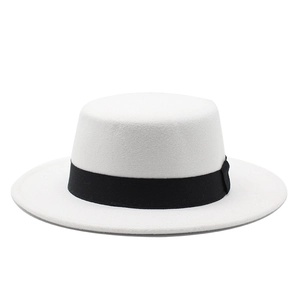 Classic white wool felt boater hat with black grosgrain ribbon for men and women