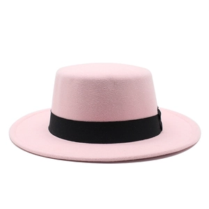 Classic pink wool fedora hat with a flat top and wide brim featuring a black ribbon band