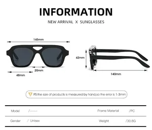 Detailed size chart for square frame unisex sunglasses featuring full product dimensions