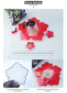 Makrodetail von Blumen-Silikonform und Harz-Untersetzern mit Goldfolie und Blüten