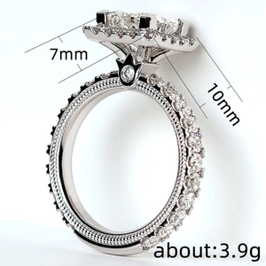 Silver radiant cut square halo diamond ring with 7mm main stone and 10mm height