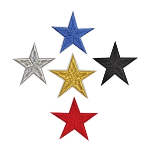 Set of five embroidered star patches in blue, silver, gold, black and red colors