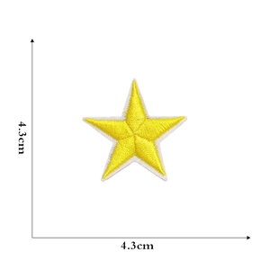 Detail view of yellow embroidered star patch showing 4.3cm x 4.3cm dimensions on white background