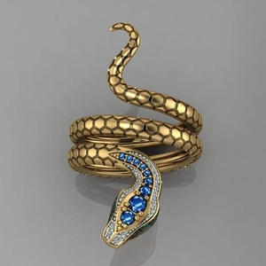 Vista superior de anillo serpiente dorado con escamas y circonita azul incrustada