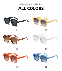 Detailed catalog showing six stylish square double bridge sunglasses in multiple colors