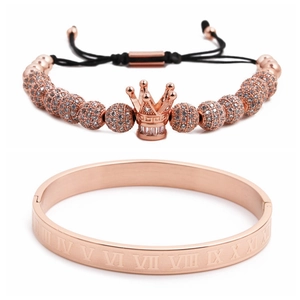 Roségoldenes Kronen-Perlenarmband und Armreif mit römischen Ziffern im Set
