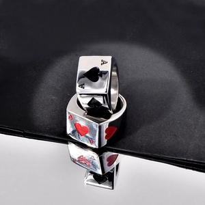 Polished stainless steel Ace of Hearts and Spades poker rings for men with enamel finish