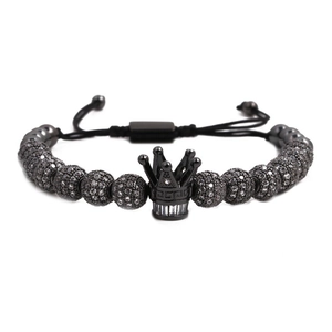 Geflochtenes Kronenarmband mit 8mm Micro-Pave CZ-Diamantkugeln in schwarzer Ausführung