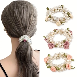 Faux Artificial Pearl Rose Flower Hair Tie High Elasticity Ponytail Holder Sweet Romantic Hair Accessories For Women Girls