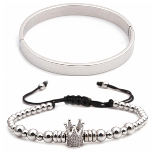 Silver stainless steel Roman numeral bangle with a zircon crown beaded bracelet set