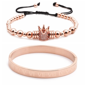 Men's rose gold stainless steel jewelry set with Roman numeral bangle and crown bead bracelet