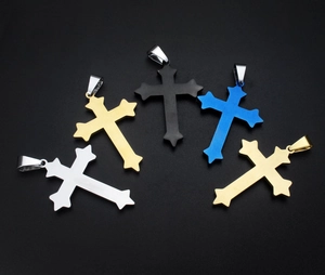 Men's titanium steel cross pendants in silver, gold, black, and blue with matte finish