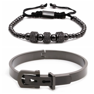 Ensemble bracelet tissé à lettres romaines et jonc ajustable en acier inoxydable pour homme