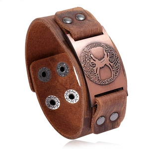 Retro punk brown leather wide bracelet featuring a bronze Celtic Tree of Life metal totem
