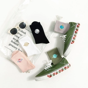 Japanese style college embroidered planet socks in five assorted candy colors for women