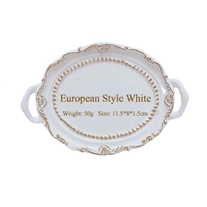 European vintage white resin jewelry tray with gold relief patterns, 11.5x8x1.5cm