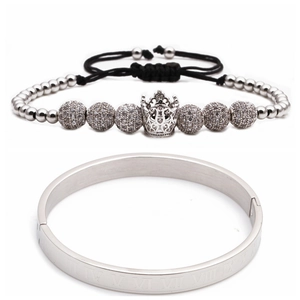 Ensemble de bijoux en acier argenté avec bracelet chiffres romains et breloque couronne