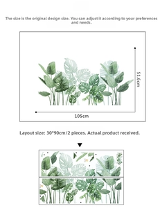 Size guide for green monstera leaf wall stickers showing layout 105x51.6cm dimensions