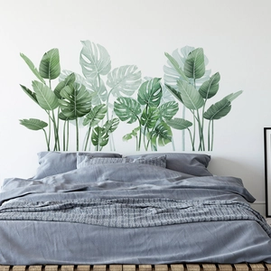 Tropical monstera leaf wall stickers for bedroom decor with green botanical pattern