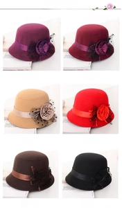 Detailed view of women's wool felt hats in six colors with bows and polka dot mesh