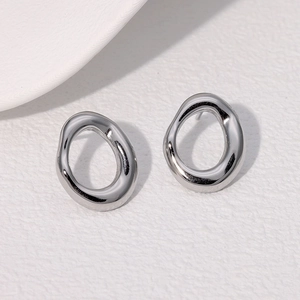 Minimalist silver irregular hollow oval geometric stainless steel stud earrings for women