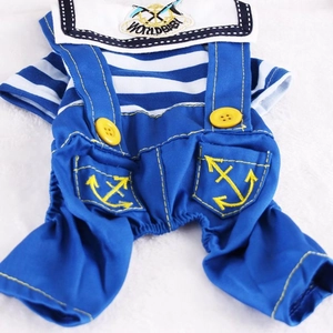 Detail of navy dog outfit with blue stripes, sailor collar and anchor embroidery