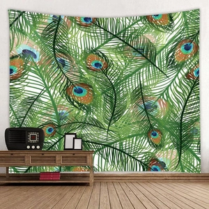 Detail of vibrant peacock feather printed wall tapestry for home decor background