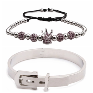 Silver stainless steel crown bead bracelet and belt buckle cuff set with pink rhinestones